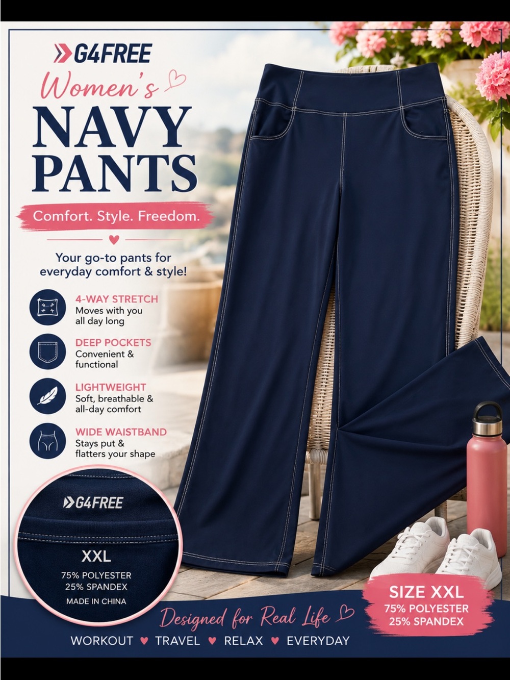 Women's Navy Stretch Wide-Waistband Pants XXL